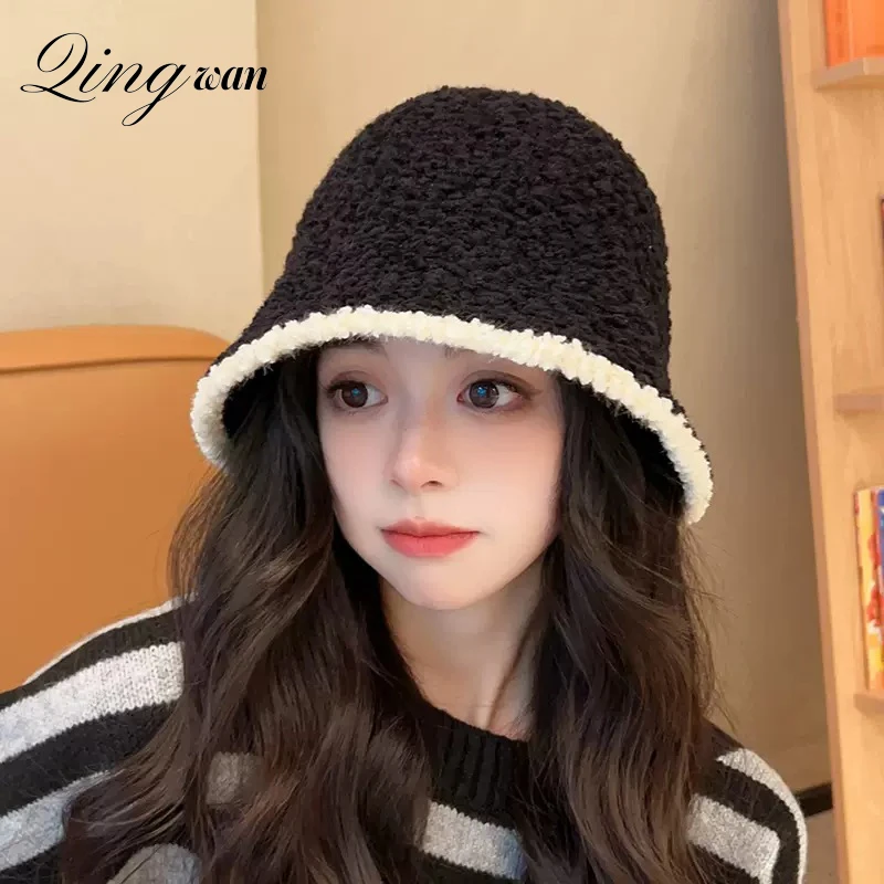 

Kpop Black Plush Warm Fisherman Hat for Women Japanese Cute Elegant Autumn/Winter Knitted Bucket Hat Female