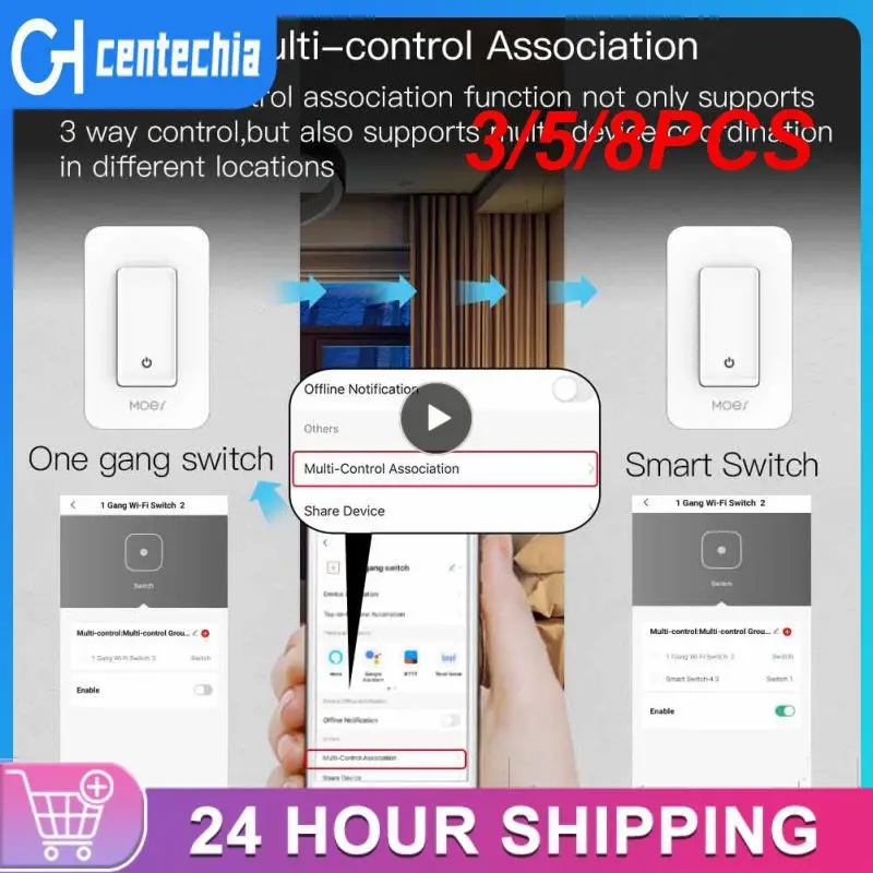 

3/5/8PCS 100-120v No Neutral Smart Push Button Switch Multi-control Association Wifi Smart Push Button Switch Voice Control