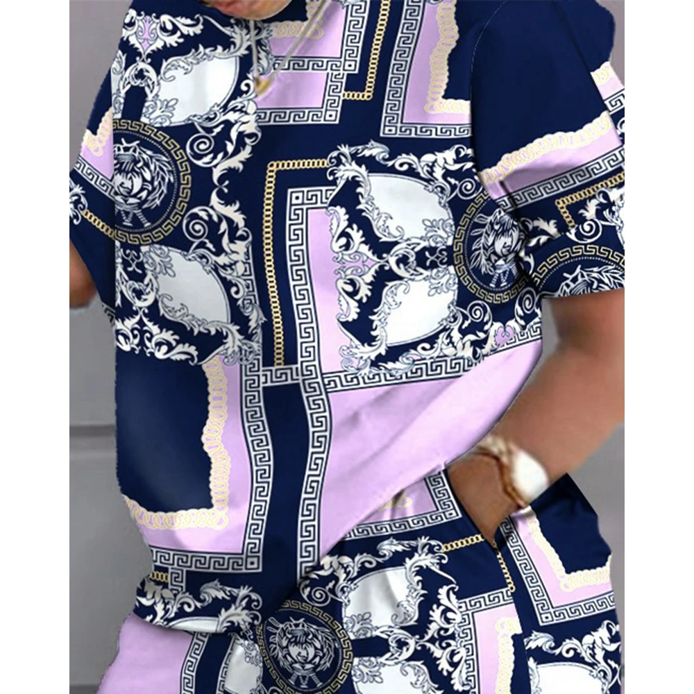 2023 Summer Women Chain Print Short Sleeve Casual Top & Pocket Design Short Set Casual 2 piece New in Suit Sets Outfits Streetwe