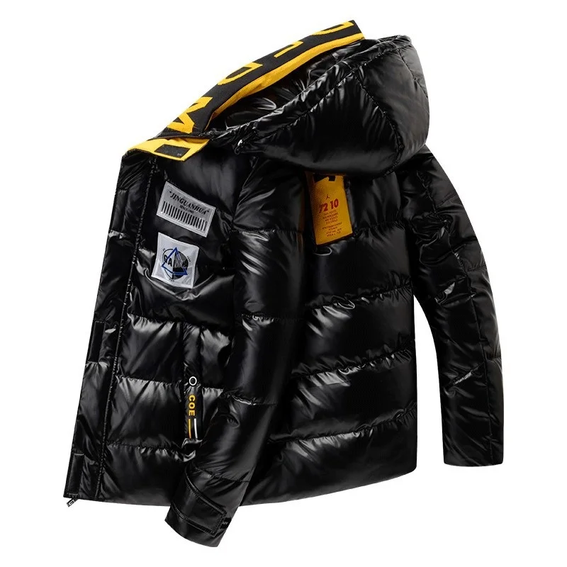 2022 New winter shiny leather thick warm winter jacket casual parka waterproof stand collar hooded street style jacket jacket