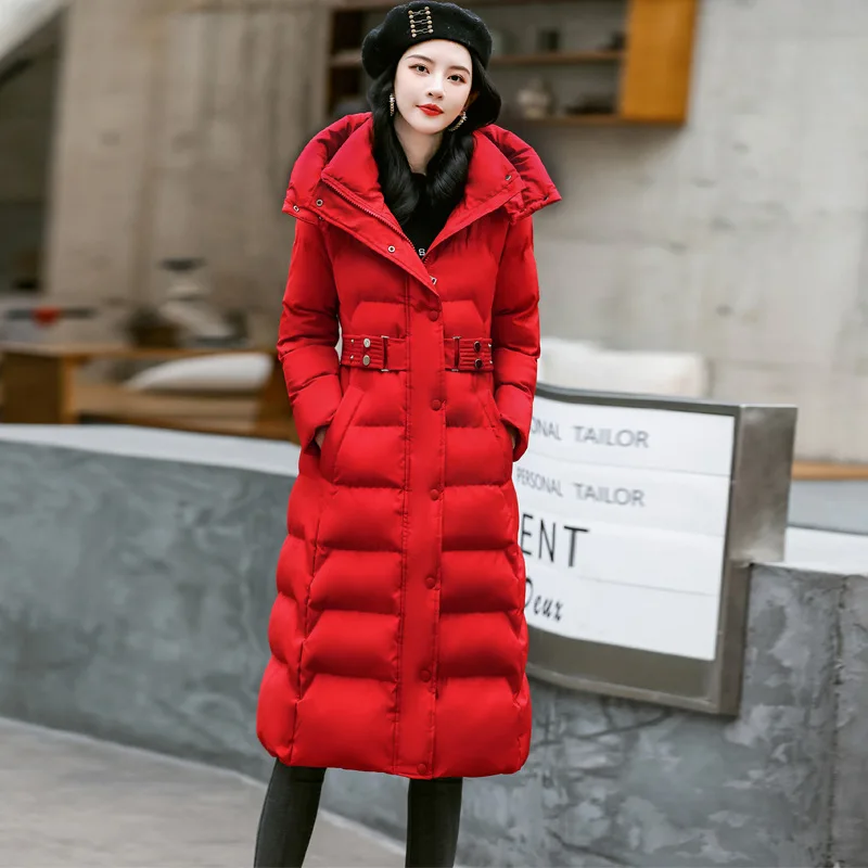 2023 Winter New Women Fashion Hooded Black Blue Red Down Cotton Coats High Quality Solid Loose Long Female Padded Clothes Tops