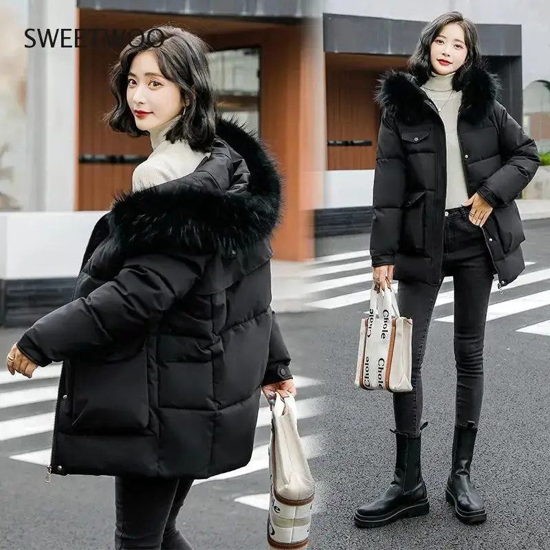 2021 New Winter Jacket Women's Parkas Big Fur Collar Overcoat Casual Long Coat Cotton Padded Parka Warm Female Jackets Outwear