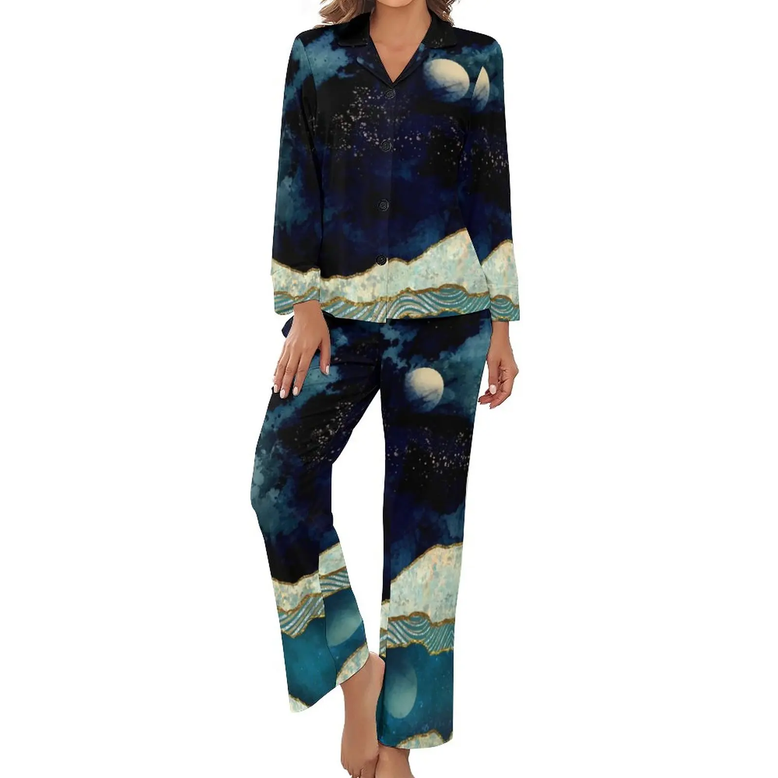 

Indigo Sky A-Line Dress Pajamas 2 Pieces Kawaii Pajamas Set Female Long Sleeves V Neck Casual Printed Nightwear