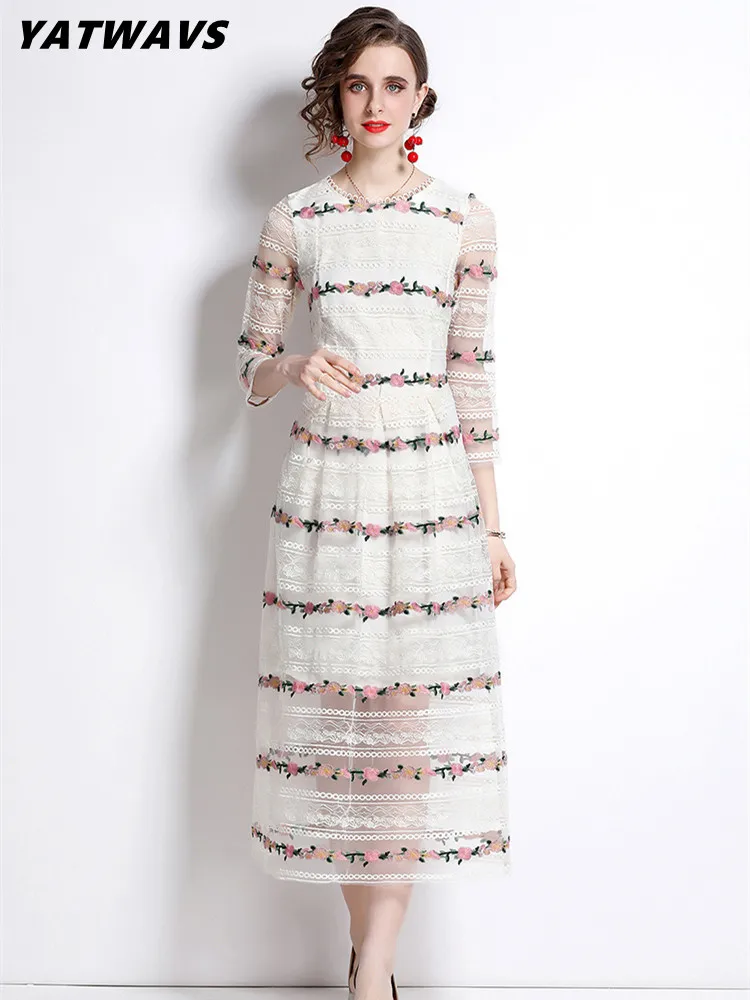

YATWAVS Summer Runway Flower Embroidery Lace Dresses Women Hollow Out High Waist Fashion Slim Mesh Party Midi Dress Female