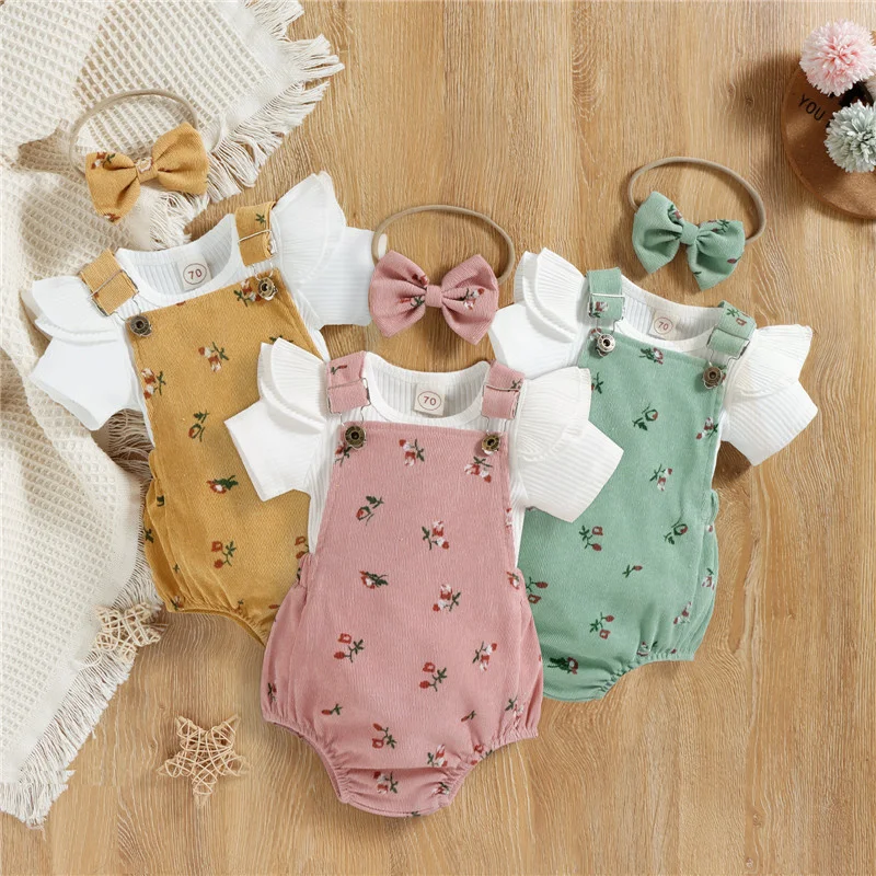 

pudcoco Kids Summer Outfits Fly Sleeve Round Neck T-shirts Flower Pattern Suspender Jumpsuit+Bow Headband Sweet Baby Girls 3Pcs