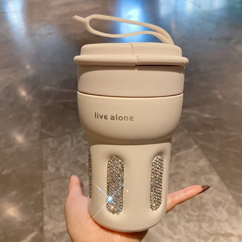 

Shiny Mugs with Lid 400ml Thermos Bottle Stainless Steel Sublimation Water Bottle Portable Rhinestone Cup Tumbler Coffee Mug