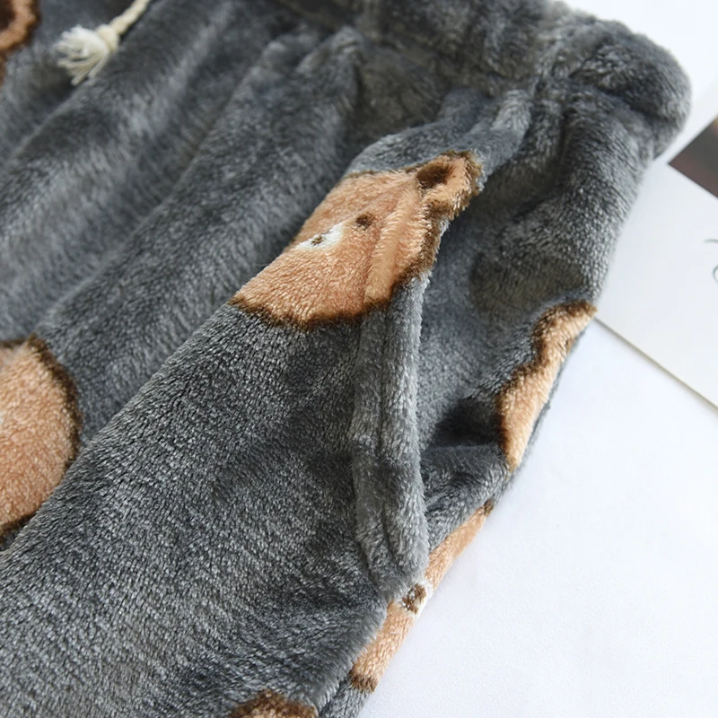 Winter Women's Flannel Pajama Pants Home Pants Cute Bear Beam Feet Loose Warm Thick Elastic Waist Pants