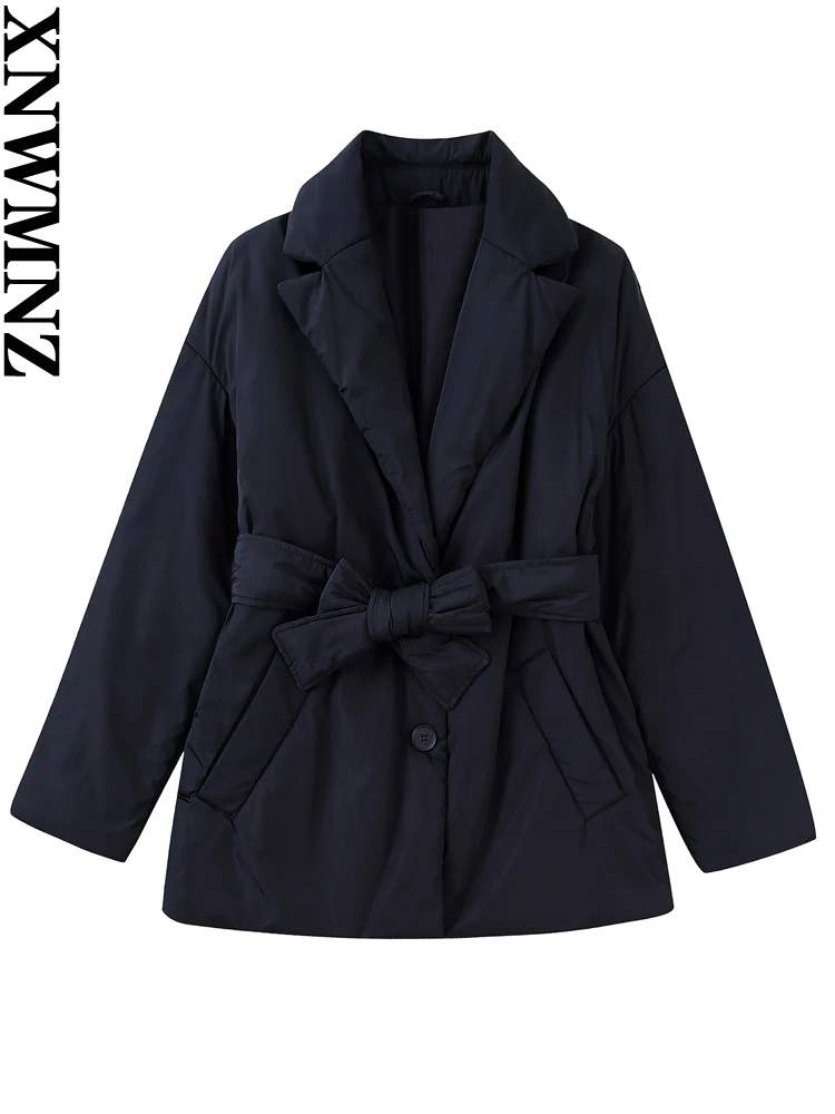 XNWMNZ 2022 Women Fashion Belt Thick Warm Padded Parkas Coat Vintage Long Sleeve Button Casual Female Outerwear Chic Tops