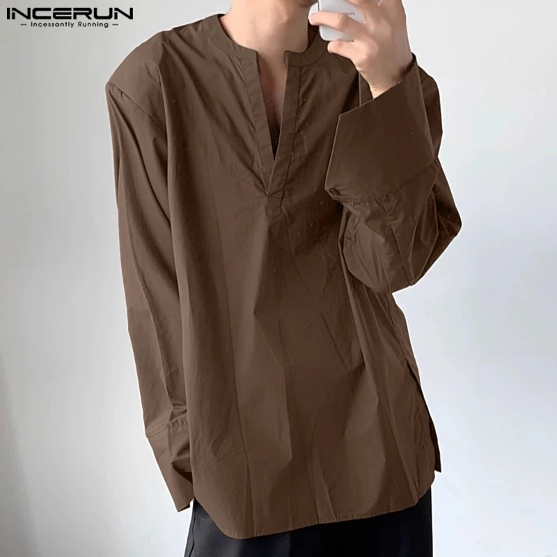 

Рубашка мужская однотонная с V-образным вырезом и длинным рукавом, осень 2023