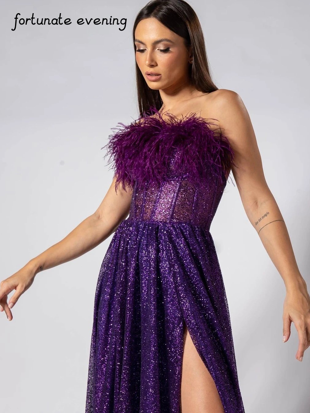 

Fortunate Evening Elegant Vintage Sexy Feather Sequined Strapless Customized Formal Occasion Prom Dress Evening Party Gowns