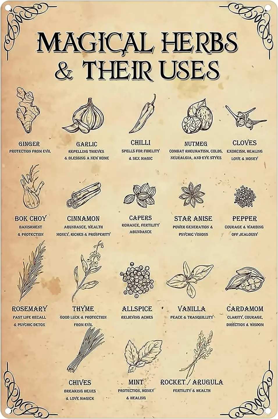 Mgcl Herbs nd Ther Uses плакат Wtchy Ktchen Wtch Wll rt Vntge Wtchery Wtches Mgc Knowledge Poster MetlTn Sgns 12X16 nche