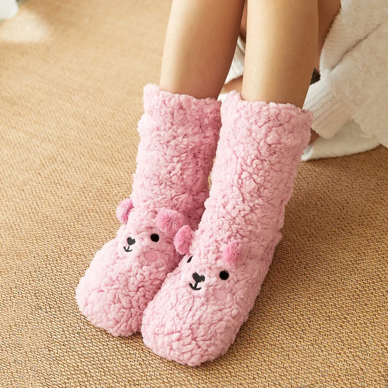 Cute Floor Women Socks Autumn Winter Velvet Coral Fleece Sock Sleep Home Slippers Snow Happy Funny Confinement Bear Carpet Socks