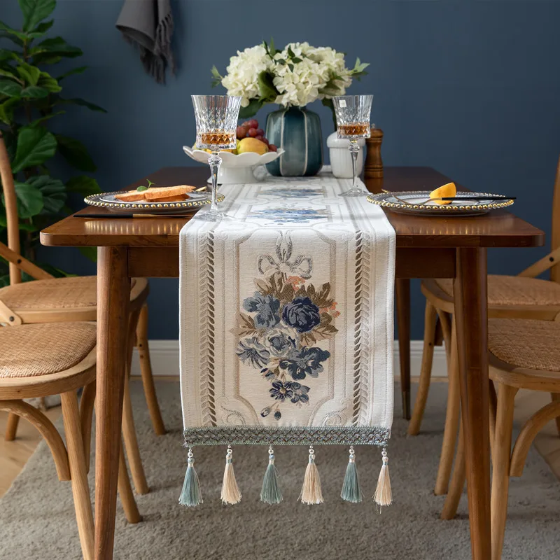 

High-end European-style Flower Table Runner Chenille Tassel Household Tablecloth Polyester Tablecloth Custom Table Flag Long