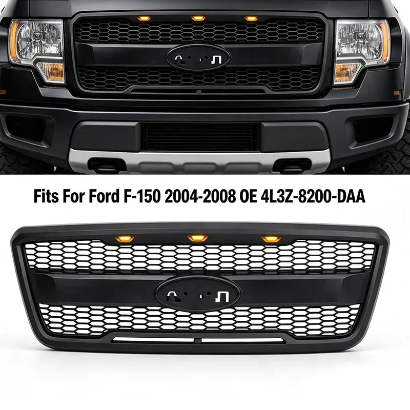 Фото Передняя решетка в стиле Raptor подходит для Ford F‑150 2004‑2008 годов выпуска, сетчатая решетка с LED-дневными ходовыми огнями и янтарными габаритными огнями, оригинальный номер 4L3Z‑8200‑DAA. №1