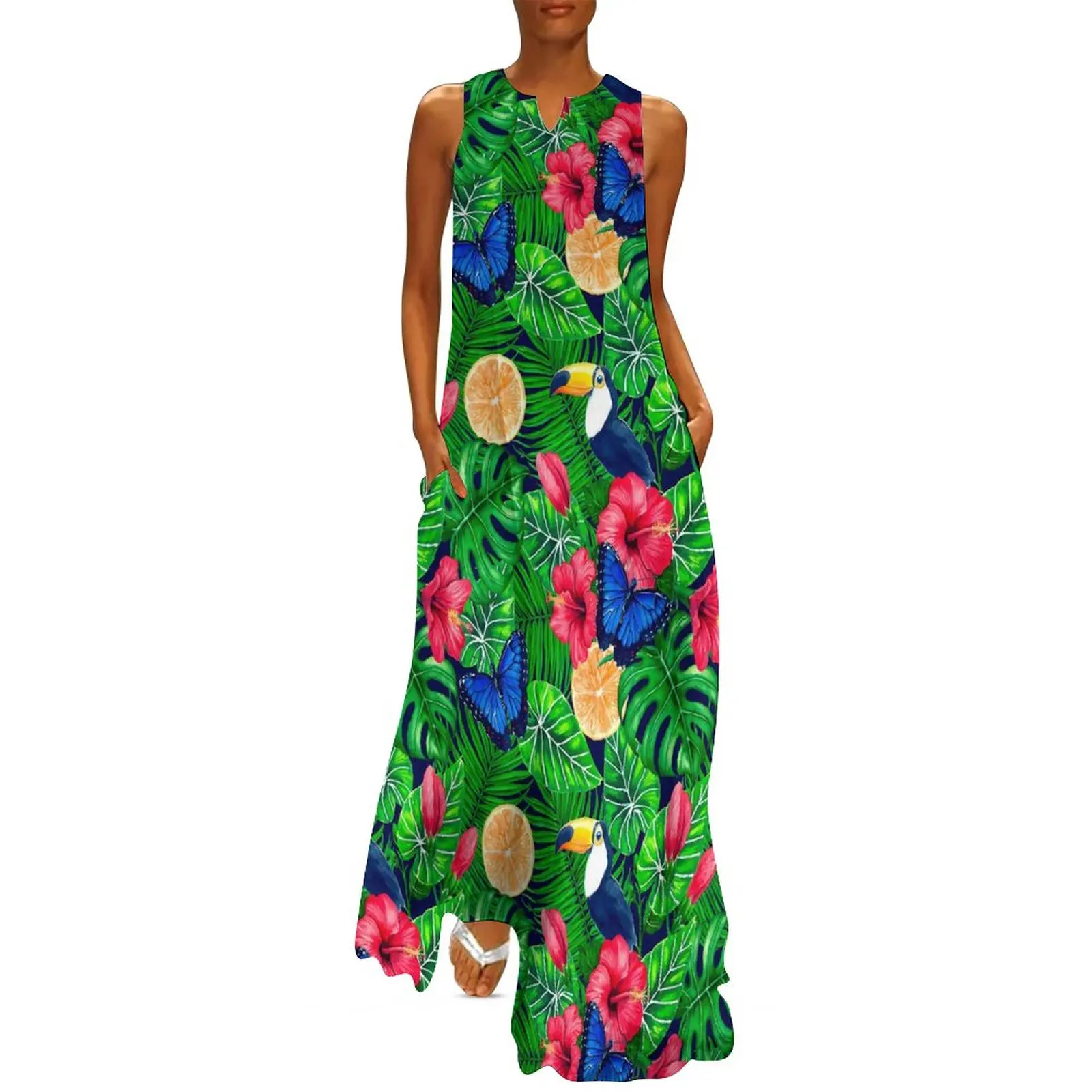 

Leaf And Toucan Dress Tropical Garden Elegant Maxi Dress V Neck Pattern Bohemia Long Dresses Aesthetic Oversize Clothing