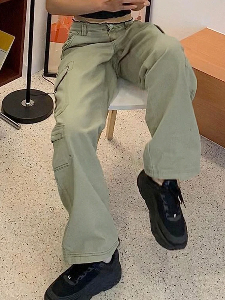 Джинсы-карго Rapcopter y2k зеленые с большими карманами и низкой талией Повседневные