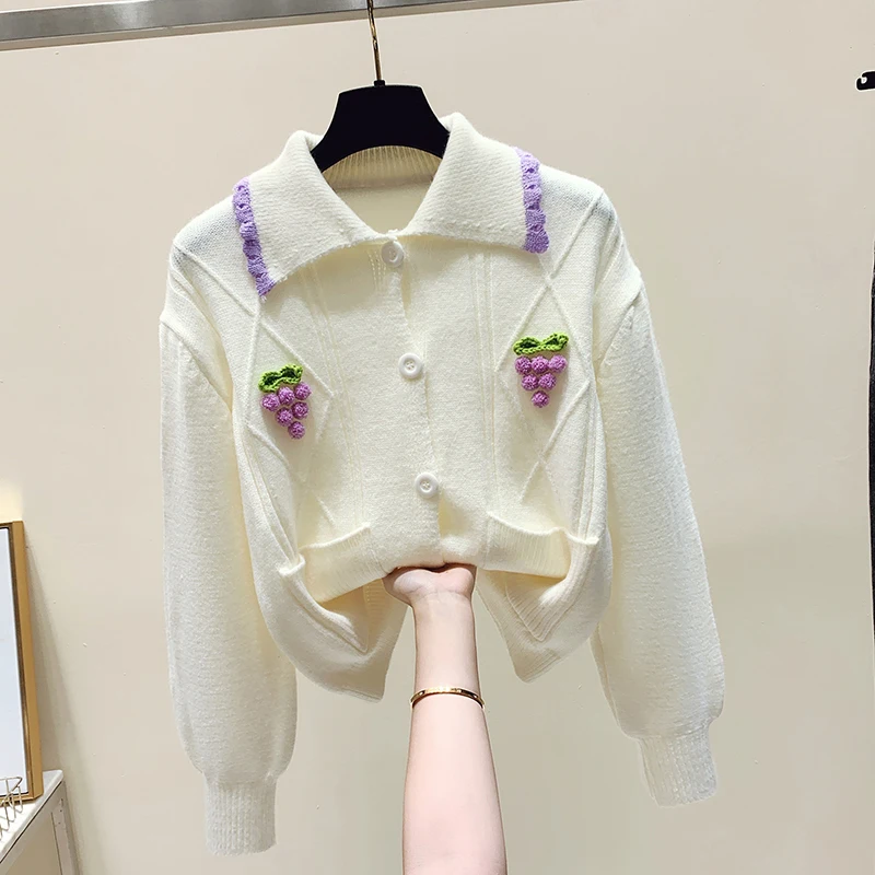 

Jacquard Lapel Knitted Cardigan for Women 2022 Autumn and Winter New Sweater Coat Top Girls Students Sweet Sweaters Cardigans