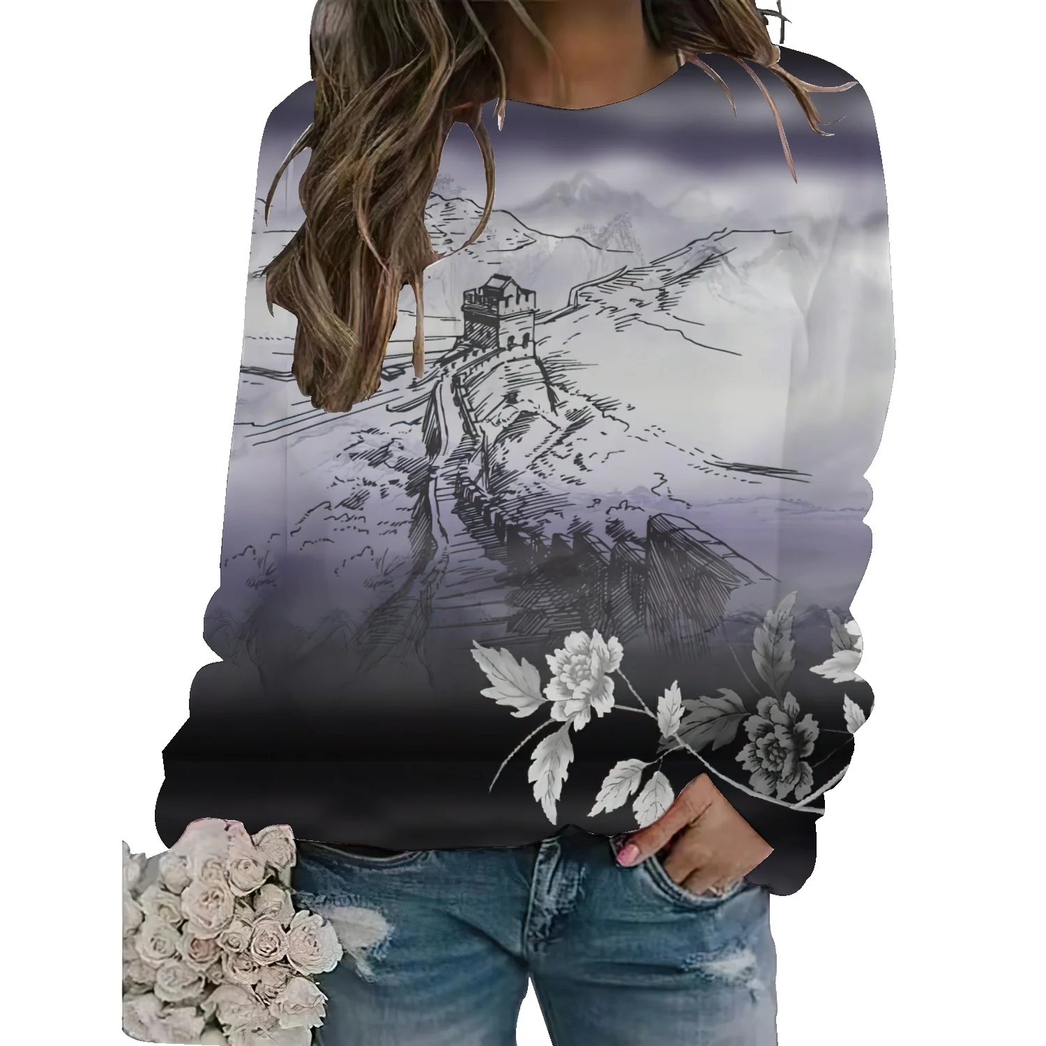 

Chinese painting floral design round neck sweater women's spring new ins tide casual loose all-match chic high street top
