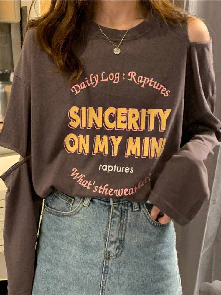 

Deeptown Korean Style Letter Print Oversize T Shirts Women Harajuku Basic Off Shoulder Long Sleeve Top Spring Casual O-neck Tees