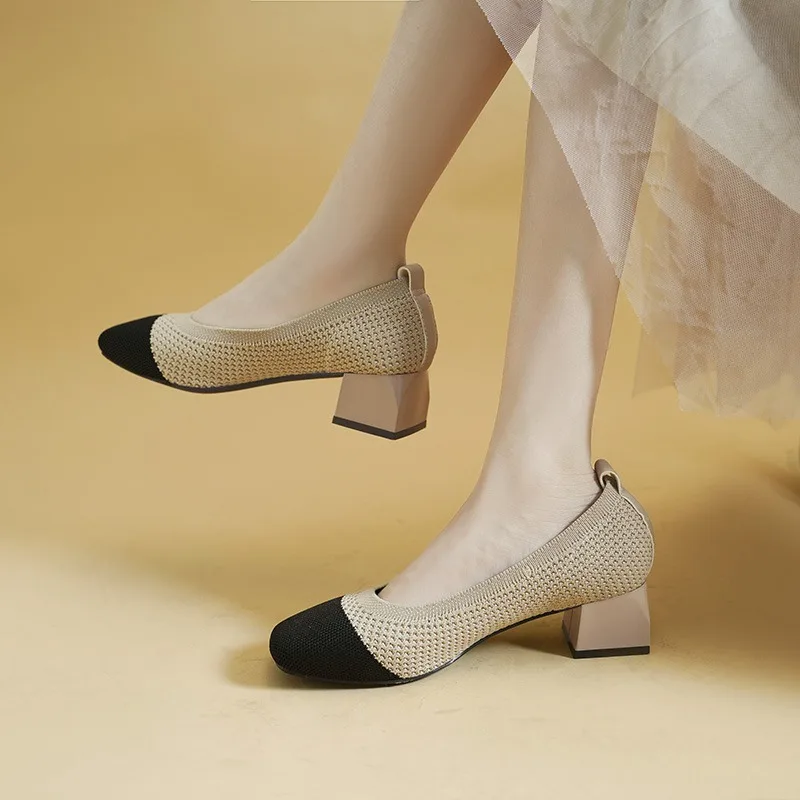 Женская Весенняя обувь новинка модные вязаные дышащие туфли на высоком каблуке с