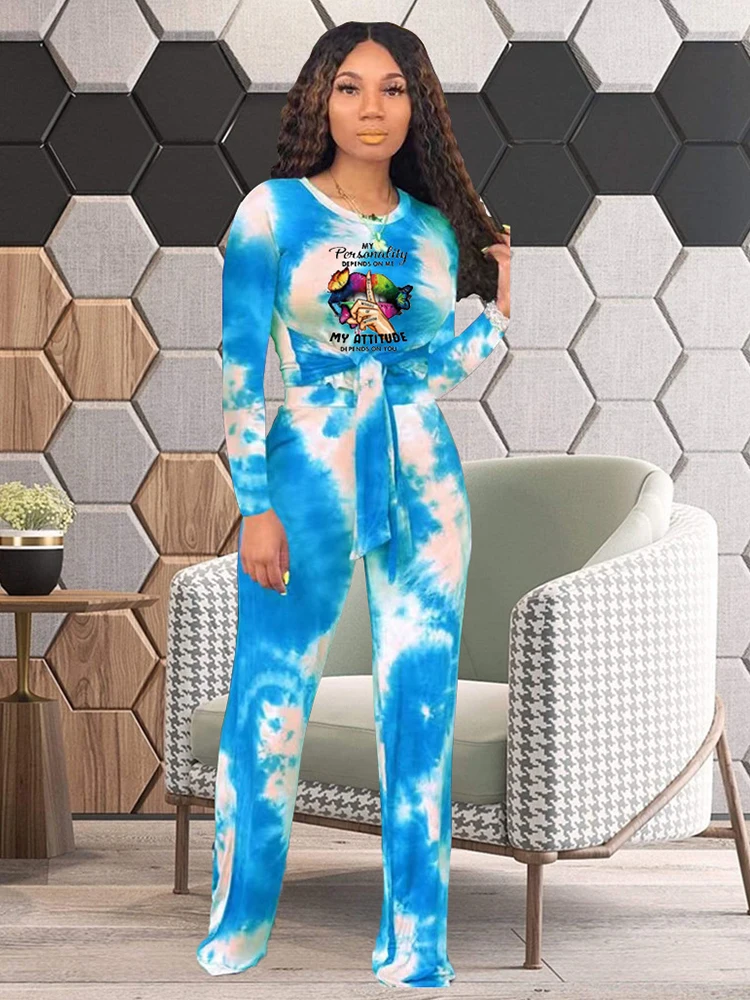 

Vintage Rie Dye Print Two Piece Sweatsuit Woman's Sets Printing Long Sleeve T-shirt and Empire Waist Wide Leg Trouser Hipster
