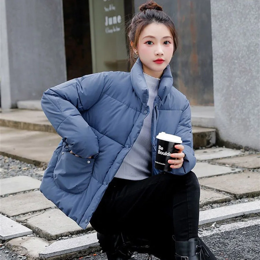 

Korean Solid Padded Coats Casual Short Parkas Women Warm Stand Collar Winter Jackets Thicken Loose Long Sleeve Cotton Chaqueta