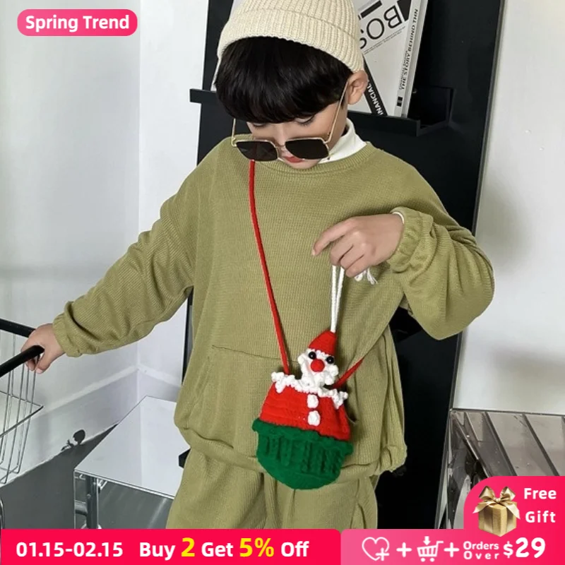 

Wool Knitting Children's Bucket Shoulder Bag Cute Christmas Gift Tree Man Deer Hand Made Messenger Bags Accessories Coin Purse