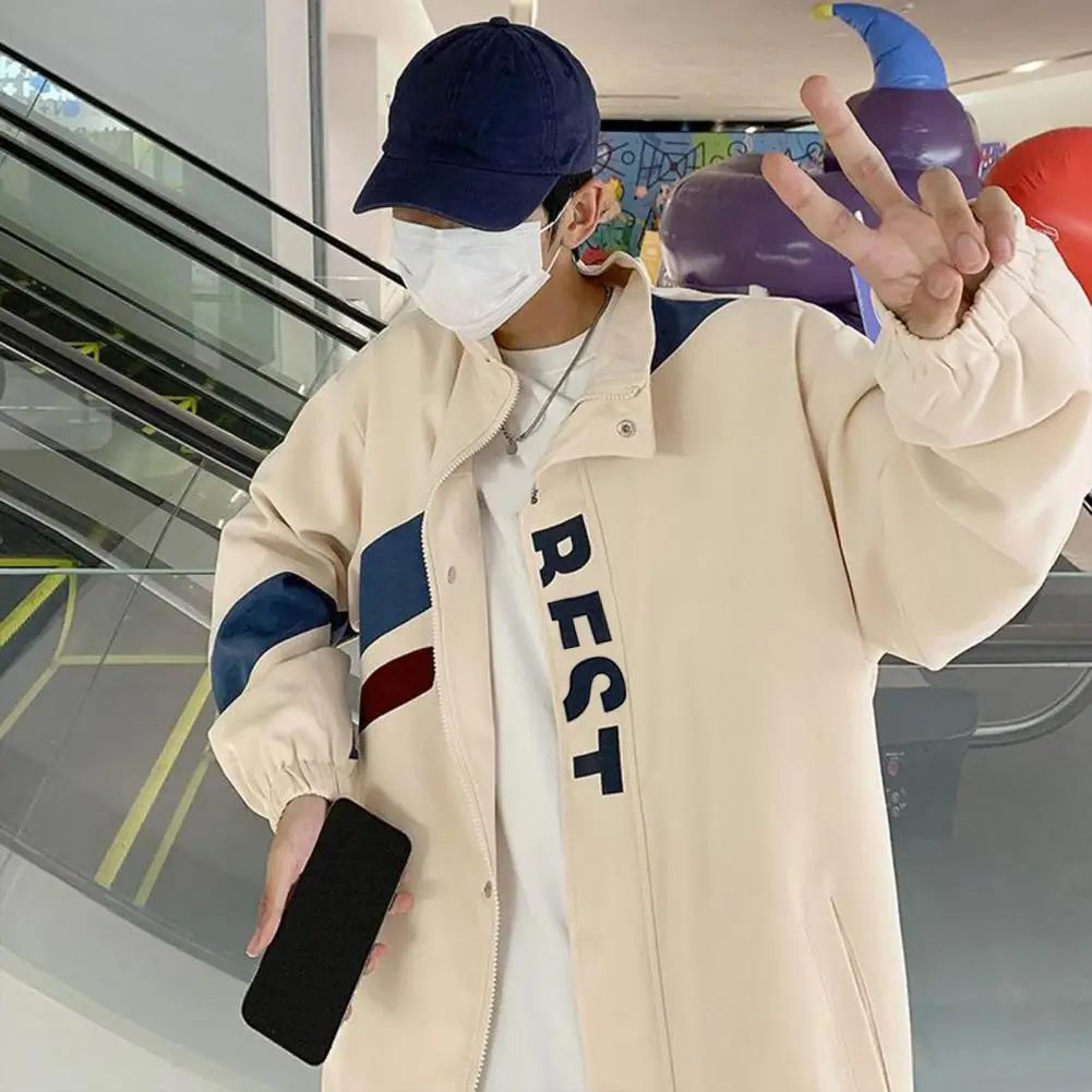 

Men Stand Collar Coat Men's Stand Collar Trench Coat Stylish Letter Print Colorful Patchwork Convenient Pockets for Spring