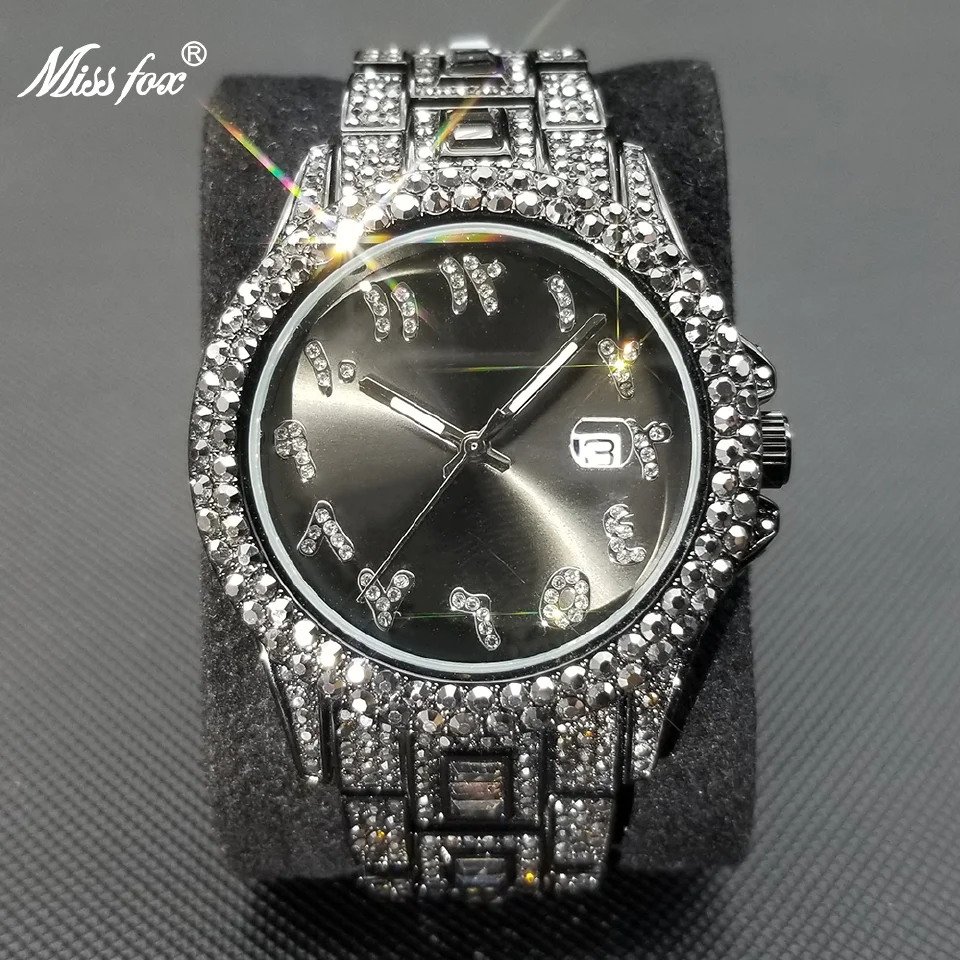 

MISSFOX Black Ice Out Men's Watches Luxury Brand Diamond Stainless Steel Watch Fashion New Automatic Date Relogio Masculino Gift