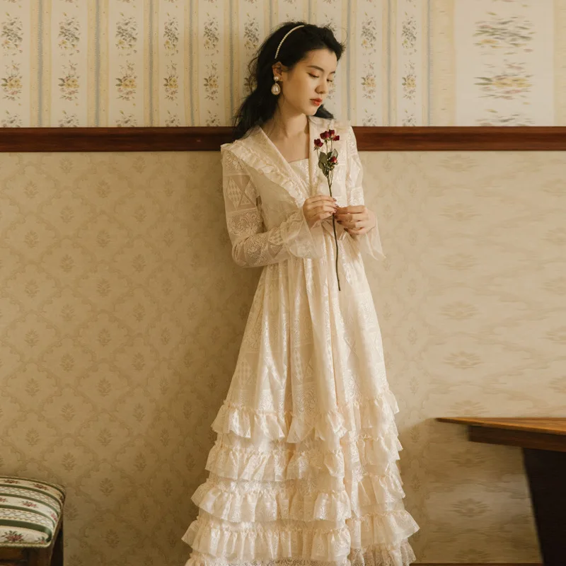 Новинка 2024 белое платье с бантом откидным воротником и длинным рукавом сказочное