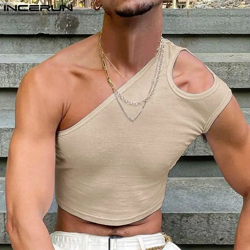 

2023 Men Tank Tops Hollow Out Casual Sexy Solid Color Skinny Irregular Vests Streetwear Sleeveles Fashion Crop Tops Men INCERUN