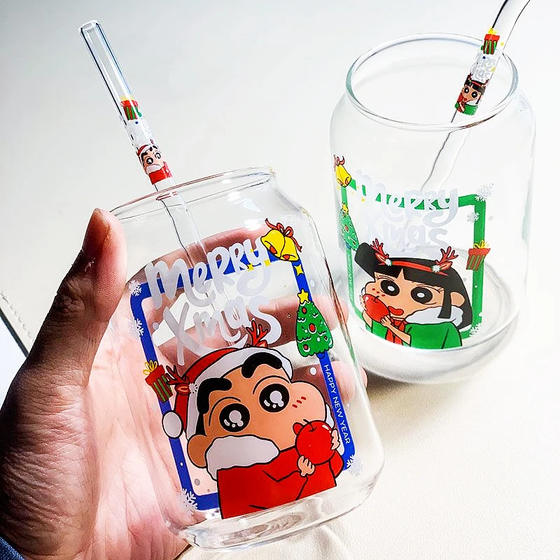 

Kawaii Crayon Shin-Chan Рождественская стеклянная чашка для воды с соломинкой аниме термостойкая молочный чай кофе завтрак креативная кружка подарки