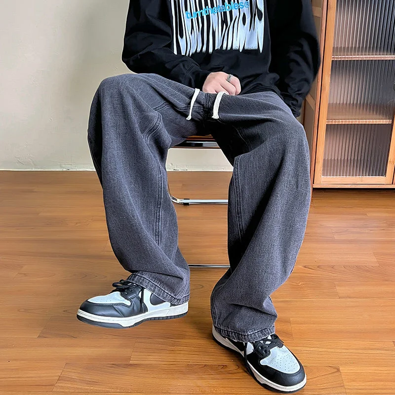 Blue Grey Baggy Jeans Men Fashion Drawstring Casual Wide Leg Jeans Mens Streetwear Hip Hop Loose Straight Denim Trousers Men