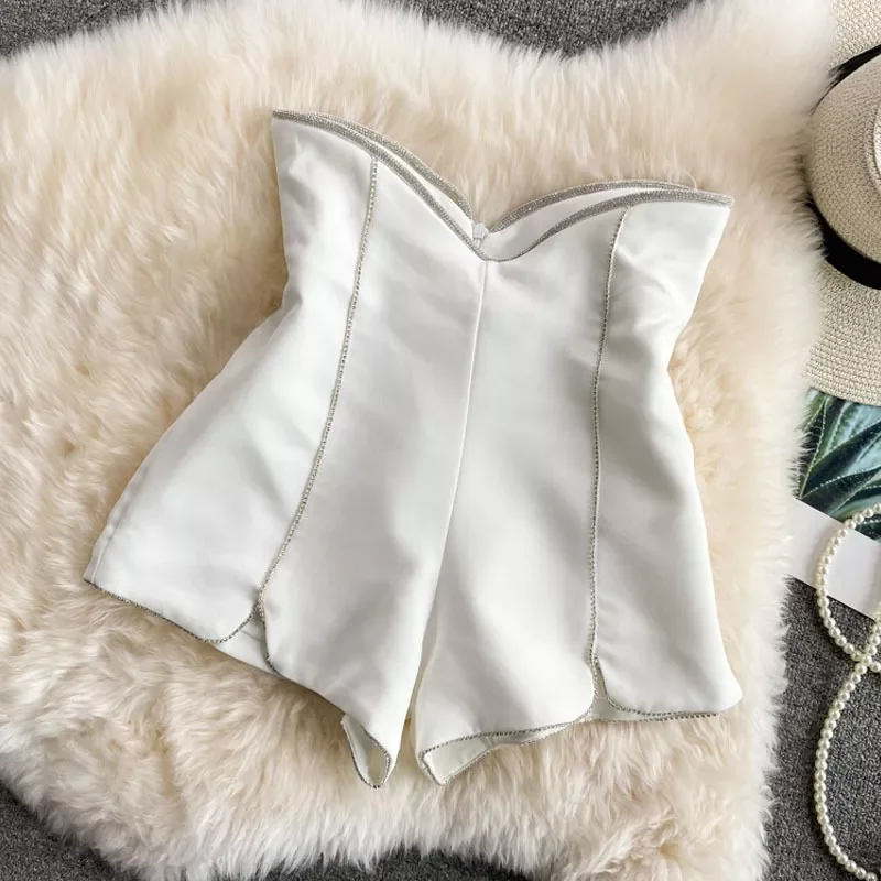 

2022 Spring Summer New Rhinestone Edge All-Matching Shorts Women's Slit High Waist Solid Color Shorts White Black