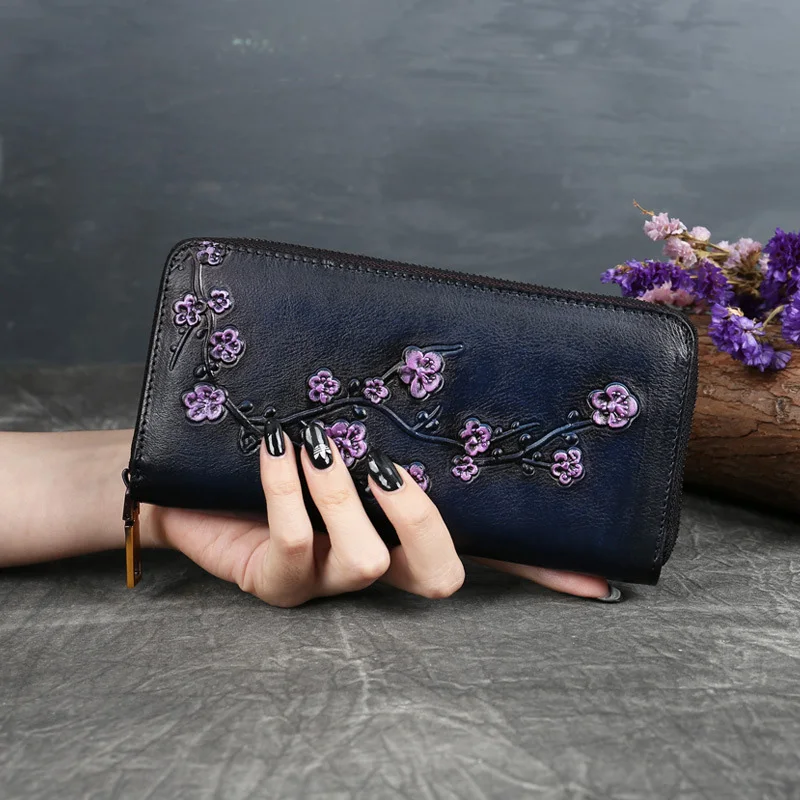 Women Wallet New Fashion Retro Leather Purse Vintage Chinese Style Plum Flower Embossed Female Luxury Zipper Clutch Bag Gift