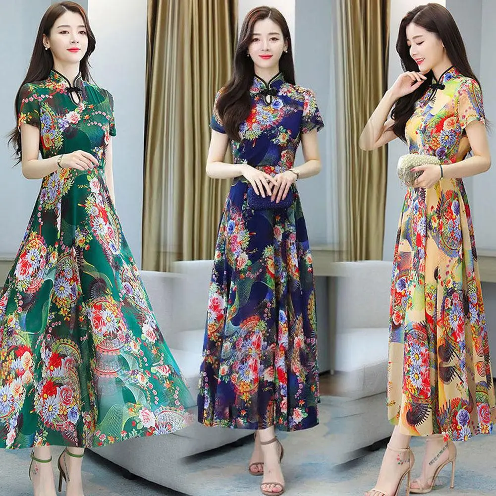 

Women Cheongsam Dress Retro Ethnic Elegant Printed Hollowed Stand Collar Short Sleeve Waist Fit Mid Length Skirt Lady Qipao