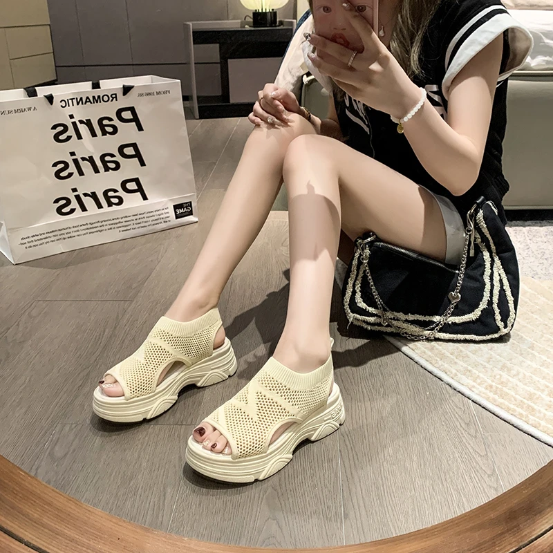 Breathable Sandals Women's Mesh Face 2023 Summer Elastic Fabric Thick Sole Fish Mouth Shoes Matsuke Beach Sandals and Slippers