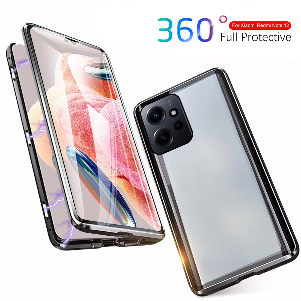 

New 360° Magnetic Double-Sided Glass Case For Xiaomi Redmi Note 12 4G Redmy Note12 RedmiNote12 Flip Front Back Shockproof Cover