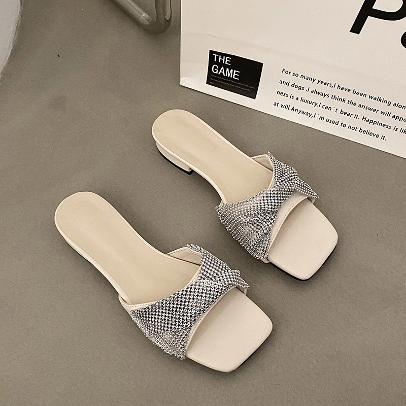 

2023 Summer New Fashion Square Head Open Toe Rhinestone Solid Color Women's Large Slippers Wearing High Heels Outside Women