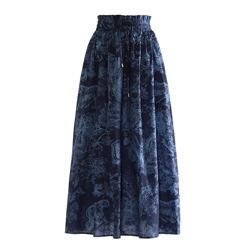 

PHOEBE HZ Early Autumn Women Midi Clothes Streetwear Chinese Style Cotton Grunge Print Elastic Waist Lace-up A Line Skirts
