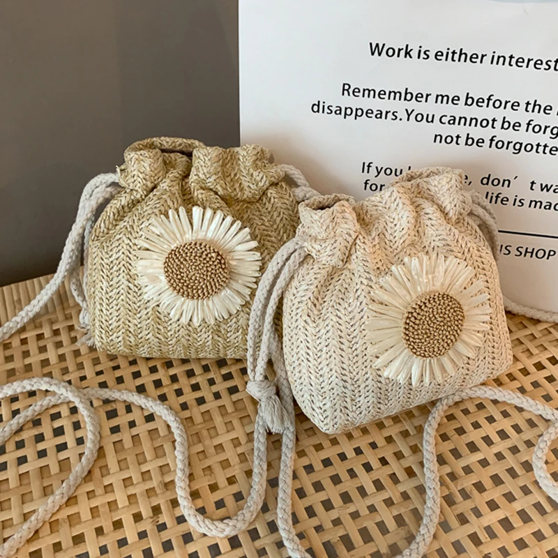 

Creative Design Women Beach Straw Bags Classic Texture Chic Sunflower Drawstring Woven Bucket Crossbody Shoulder Messenger Pouch