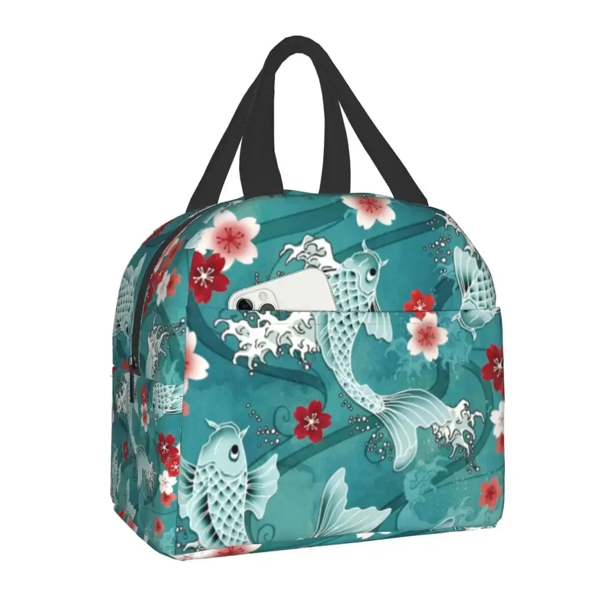 

Персонализированная Бирюзовая сумка для обеда с цветком рыбы и сакуры, мужская и женская Термосумка, изолированные Ланч-боксы для взрослых и офиса