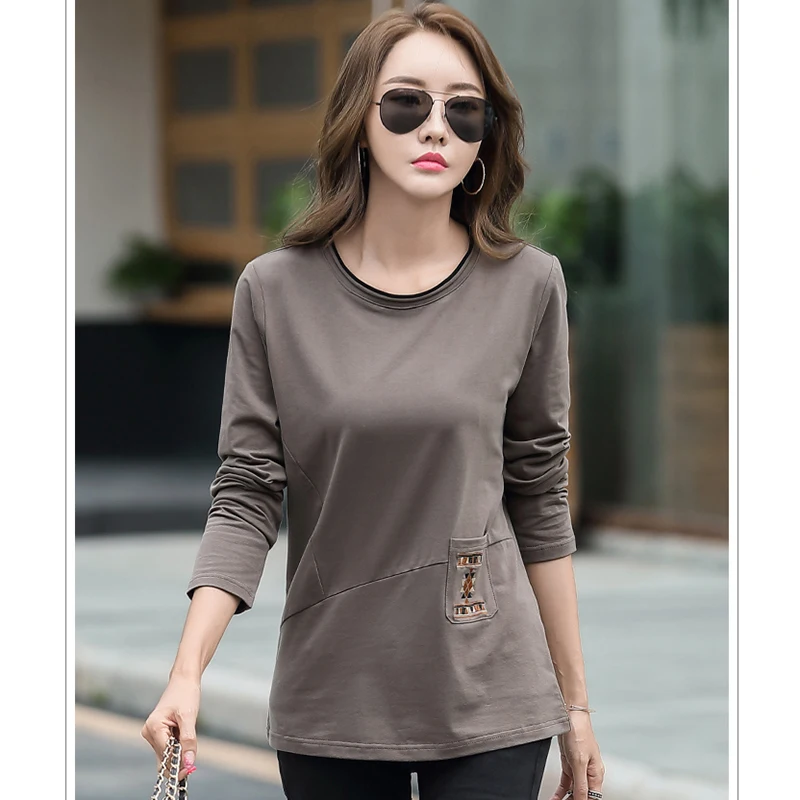 

Футболка женская с карманами и вышивкой, весна 2022, Свободная Женская одежда с длинным рукавом, хлопковая Повседневная футболка, женские мод...