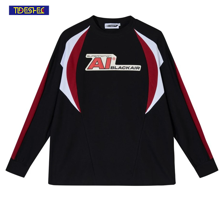 

Y2K Fashion Casual T Shirt Color Block Patchwork Loose Tshirts Harajuku Oversized Hip Hop Streetwear T-shirt Men Long Sleeve