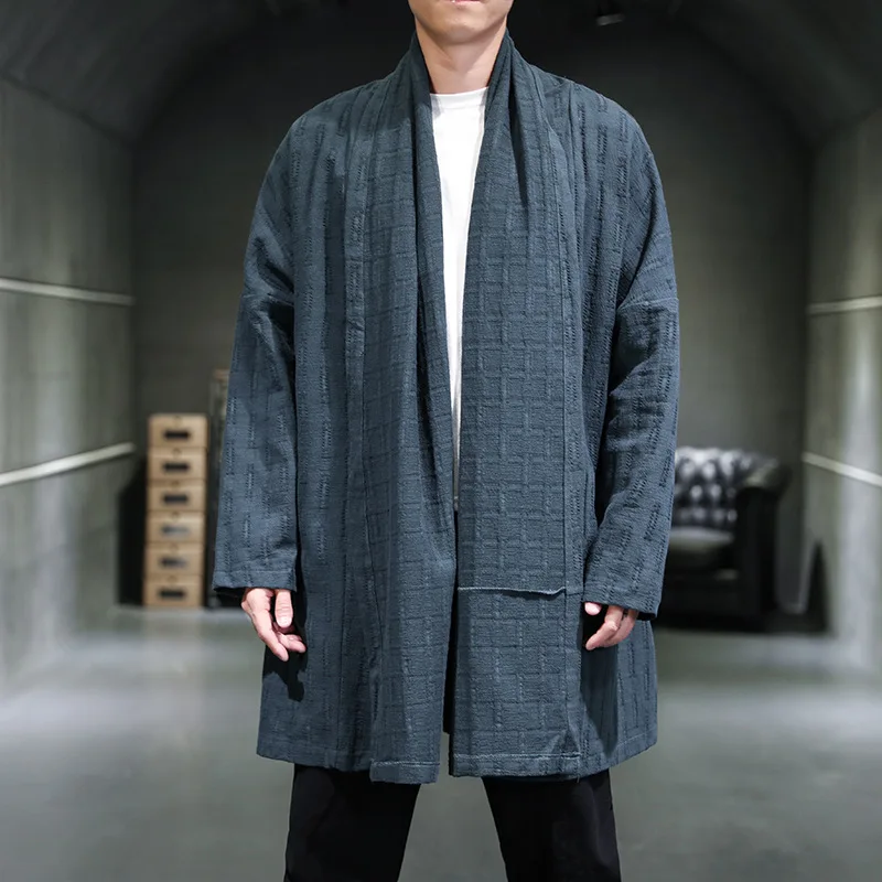 

Fashionable Chinese Style Men's Mid Length Windbreaker Long Sleeved Retro Pile Neck Jacket Loose Cotton Linen Hanfu Coat