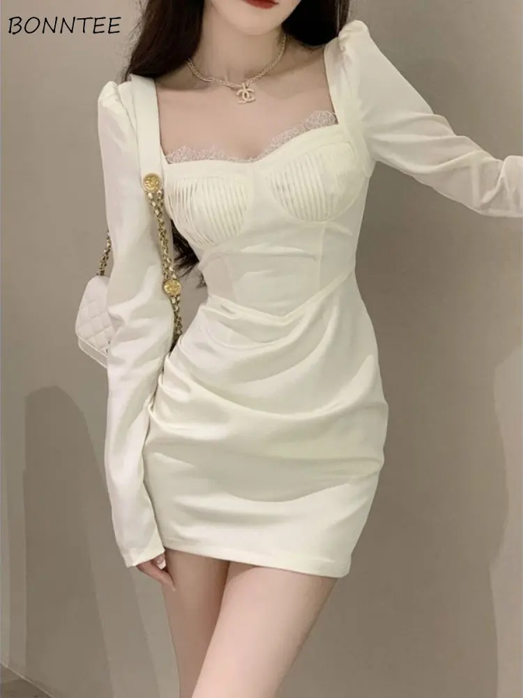 

French Style Mini Dress Women Bodycon Hot Vintage Lace Sexy Designed Chic Elegant Office Ladies Autumn Fashion Ins New Arrivals