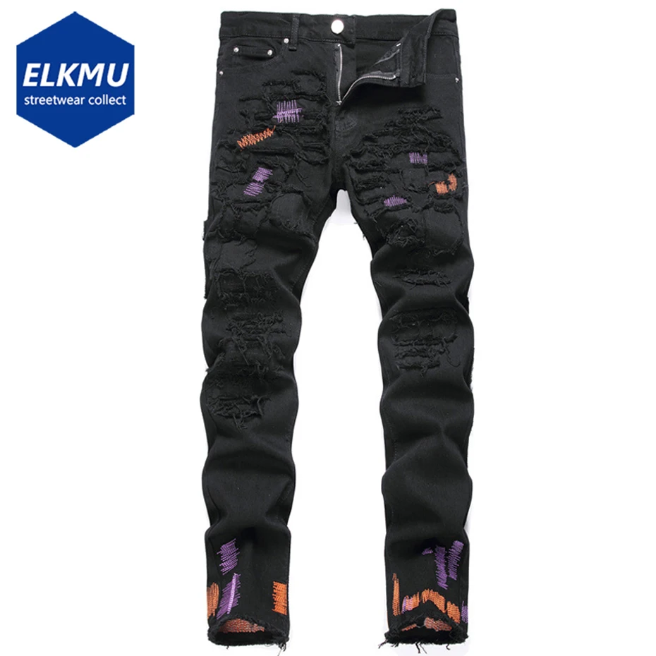 

Новинка 2023, мужские рваные джинсы в стиле панк, уличная одежда в стиле хип-хоп, модные черные облегающие джинсовые брюки Y2K Harajuku, Американски...