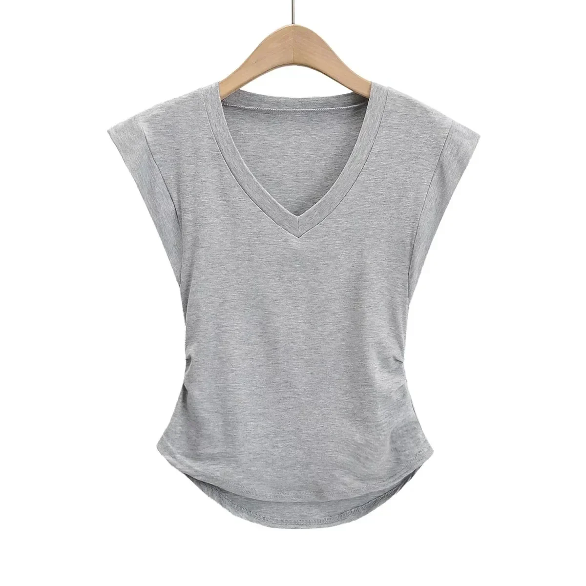 

Pure desire sexy arc short sleeve spring womens new 2022 elastic waist pad shoulder t-shirt gray22