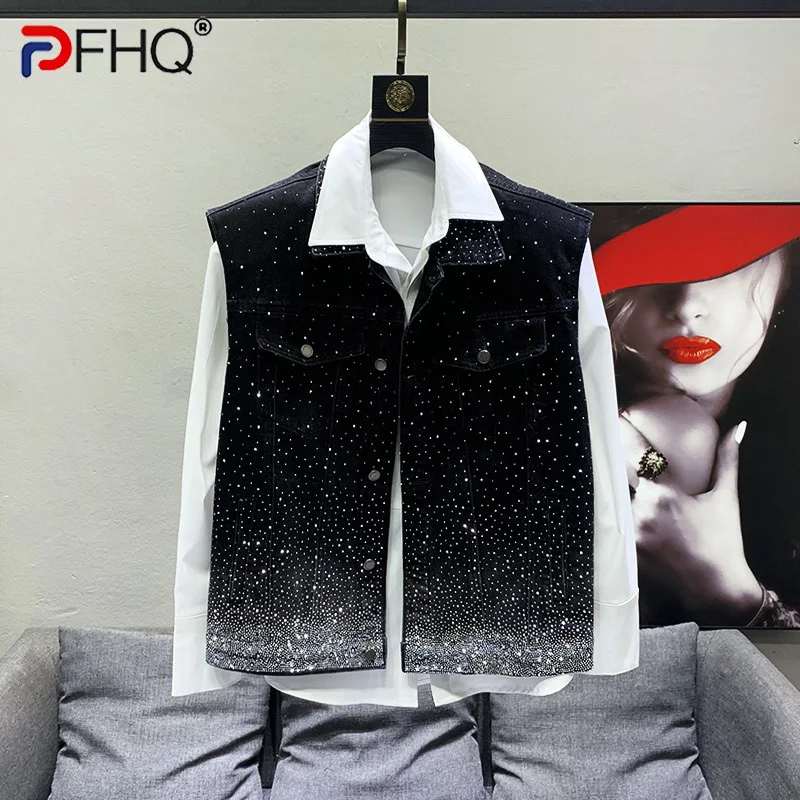 

PFHQ 2023 Design Sky Star Gradual Shiny Denim Vest Men's Sleeveless Jacket Trendy Spring Elegant Luxury Waistcoat High Quality