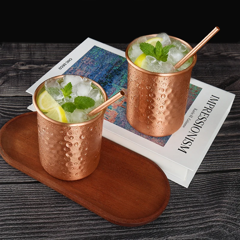 Фото 100% Медная кружка для Moscow Mule 400 мл с трубочкой, 2/4 шт., прочные медные кружки для пива, кофе, молока, коктейлей, чистая медная барная кружка №2